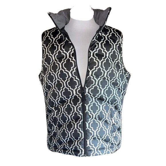 Lands End Quilted Puffer Vest Black & Gray Geometric Pattern Zip Closure M 10-12 - Picture 2 of 7